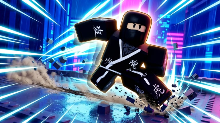 Ninja avatar sprinting through a neon Speed Ninja Keyboard Escape stage with speed lines