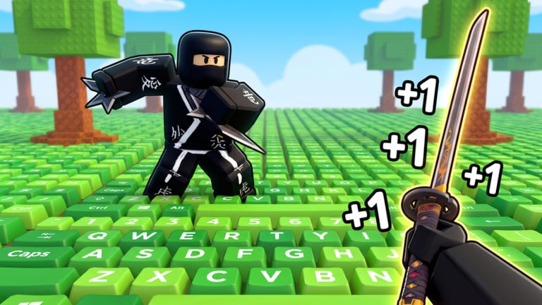 Ninja standing on a giant green QWERTY keyboard while a katana and plus-one speed pops appear